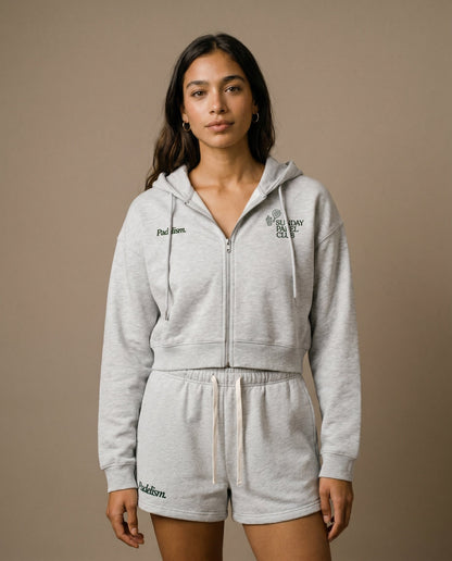 Light gray cropped zip-up hoodie and drawstring shorts set, front view