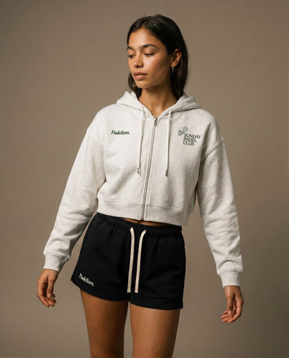Cropped zip hoodie with hood, light gray fabric, front with drawstrings and chest logo