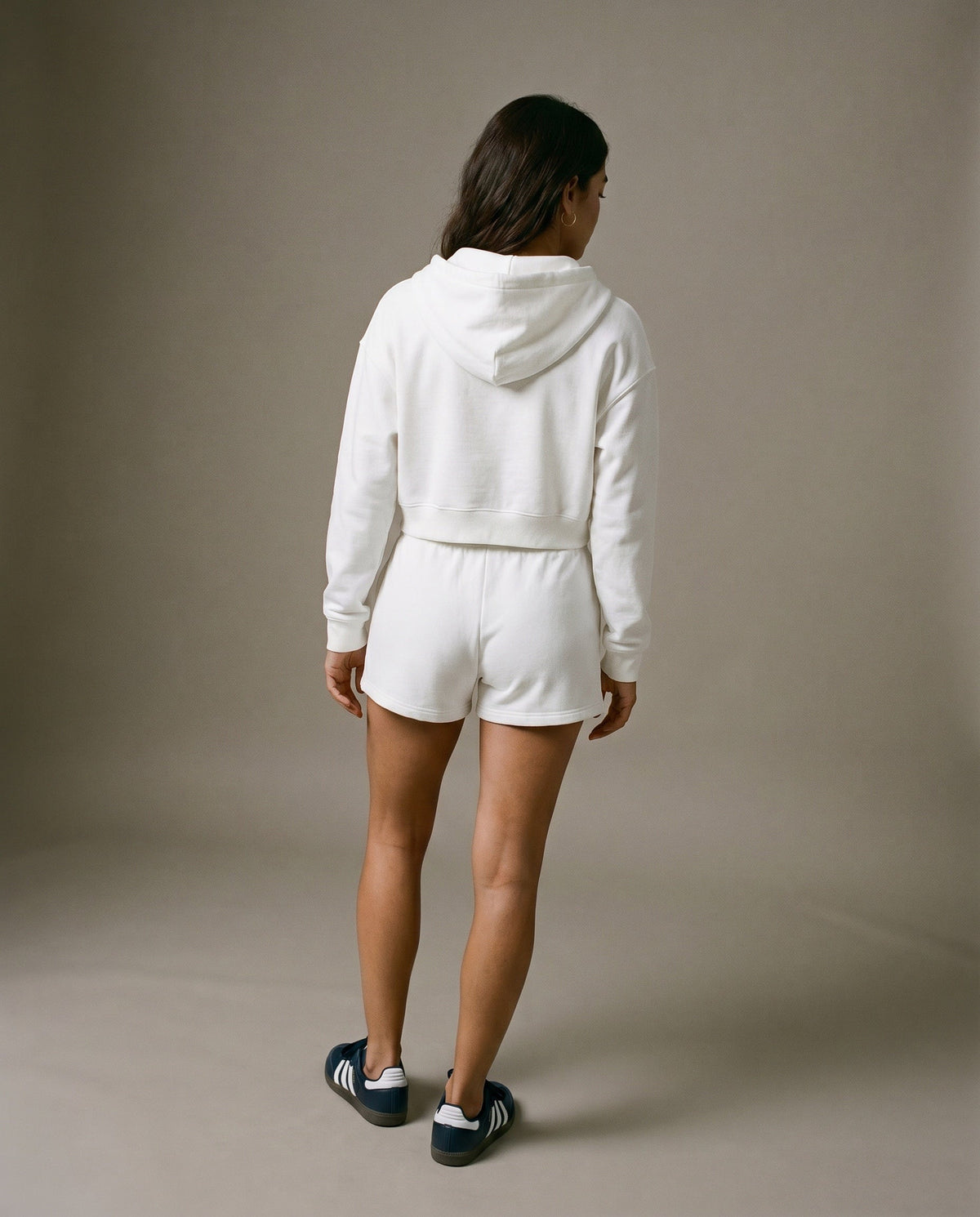 Cropped zip hoodie with hood, white fabric, back view with drawstrings