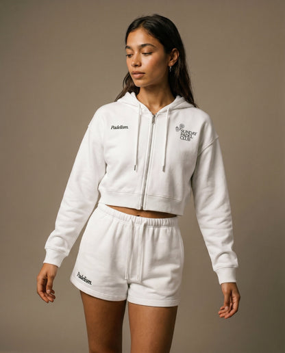 Cropped zip hoodie with hood, light gray fabric, front view with drawstrings