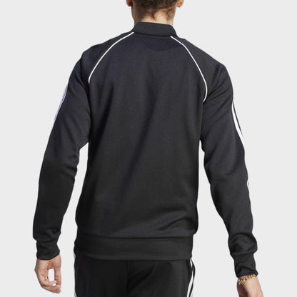 Black track jacket back view with white triple stripe sleeves and ribbed hem cuffs