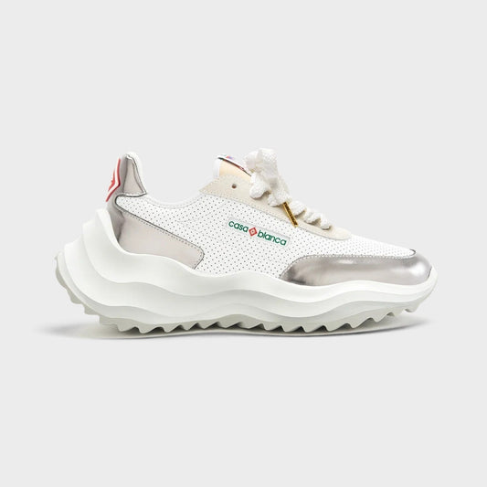 White chunky sneakers with perforated panels, lace-up front, casa bianca logo