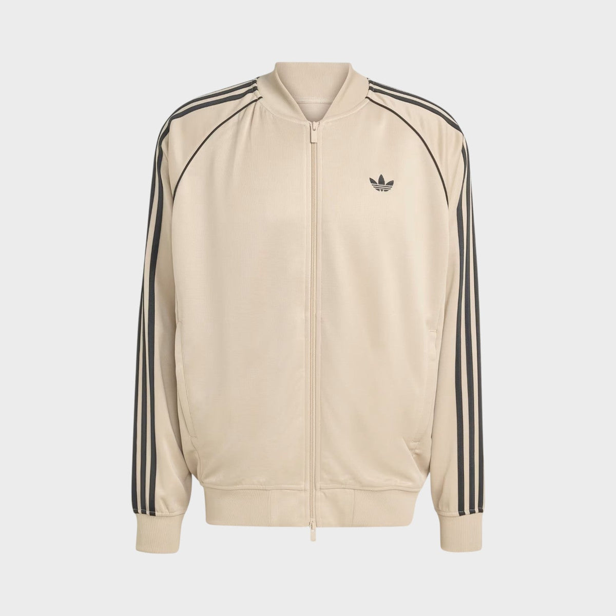 Beige track jacket with full-length zipper and black triple-stripe sleeves