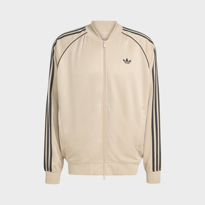 Beige track jacket with full-length zipper and black triple-stripe sleeves