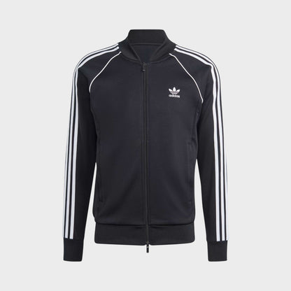 Black track jacket with full-zip front, stand collar, and white triple stripe sleeve