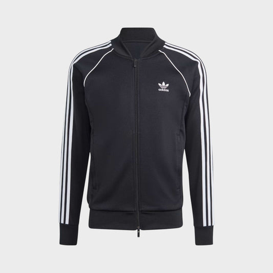 Black track jacket with full-zip front, stand collar, and white triple stripe sleeve