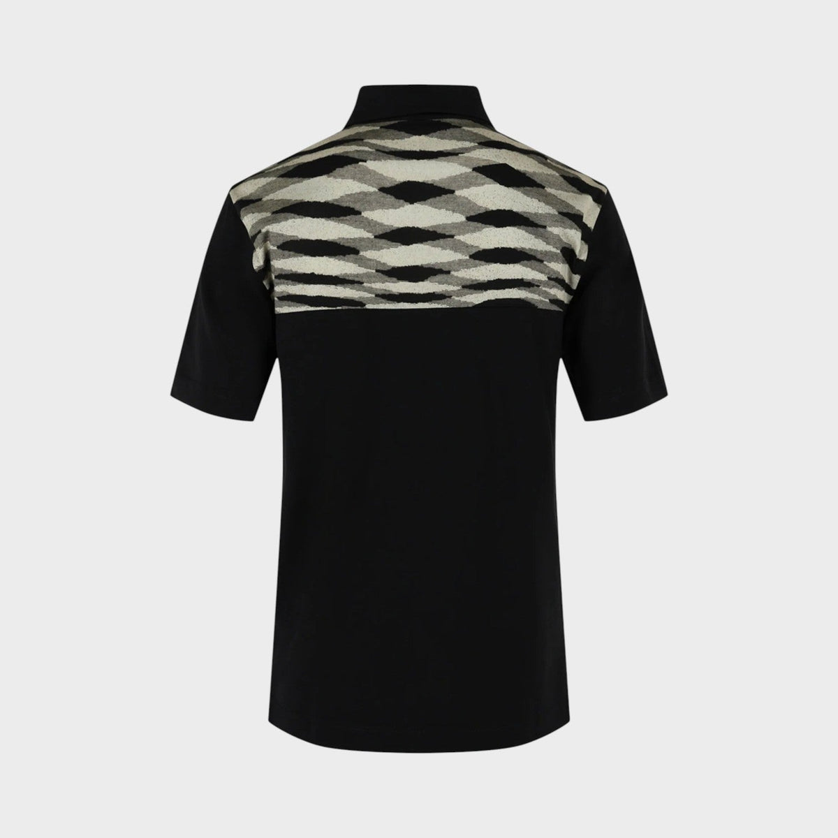 Black polo shirt with geometric patterned yoke on back and short sleeves