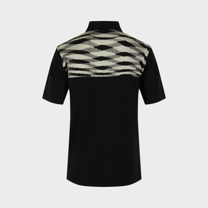 Black polo shirt with geometric patterned yoke on back and short sleeves