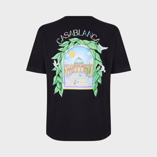 Black short-sleeve T-shirt with large back graphic print in green and blue