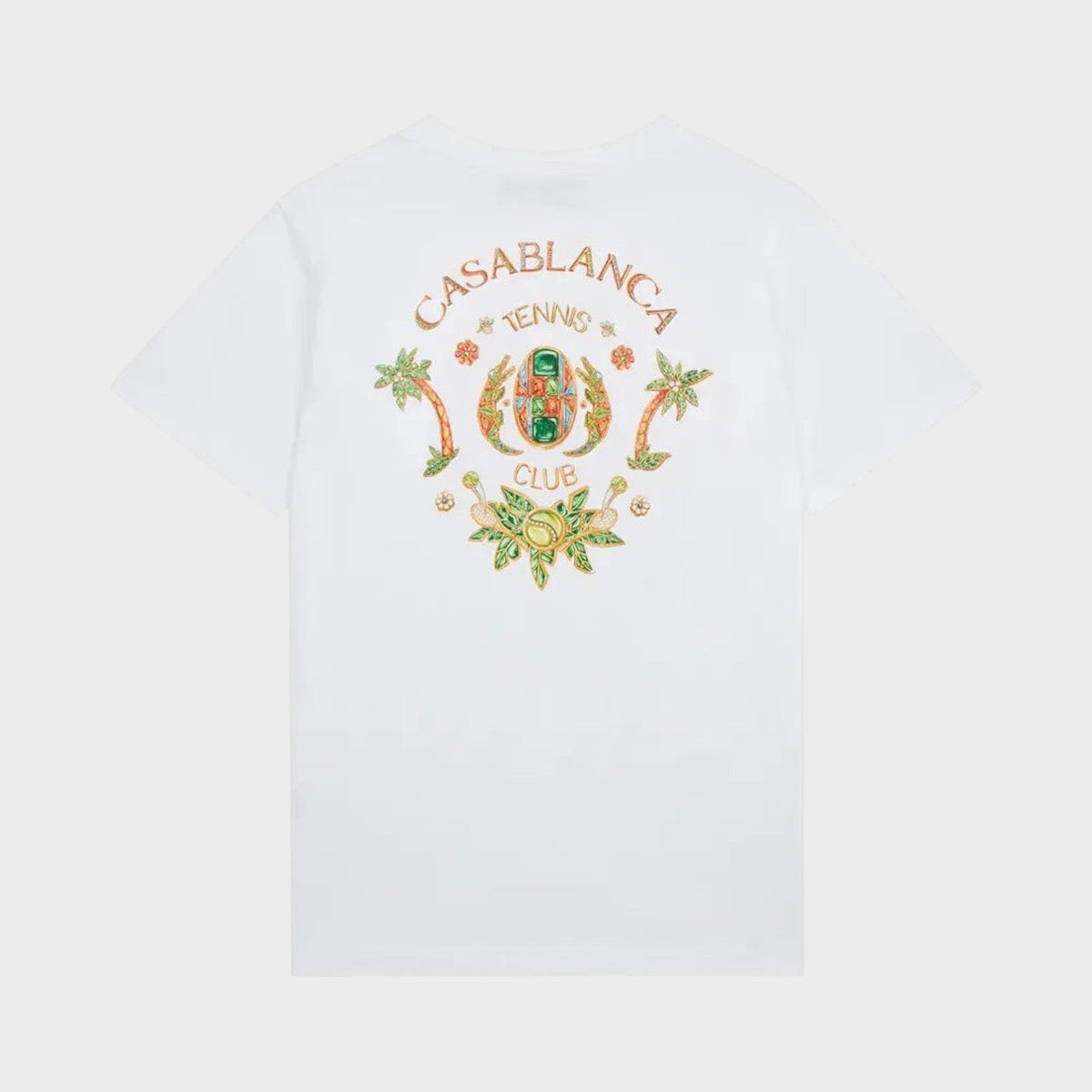 White printed T-shirt with Casablanca Tennis Club crest on back