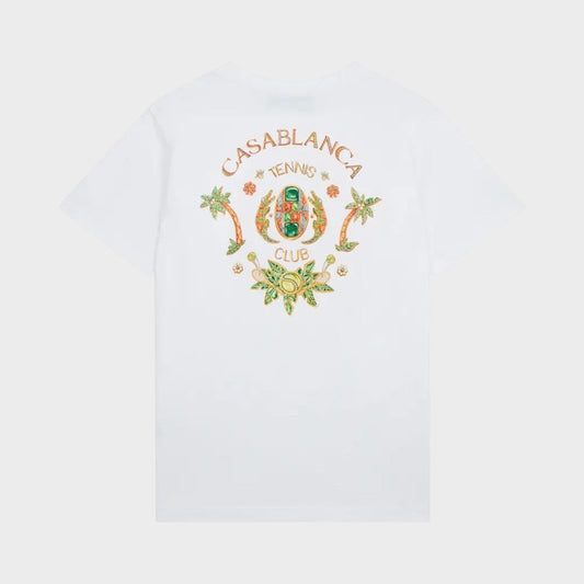 White printed T-shirt with Casablanca Tennis Club crest on back