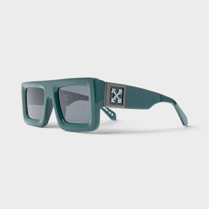 Green square-frame arrow sunglasses with dark lenses and front logo detail