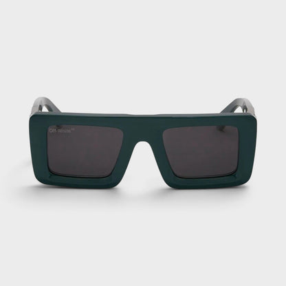 Green square-frame sunglasses with dark lenses and silver temple hardware