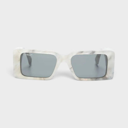 Marble acetate sunglasses with dark grey tinted square lenses, front view