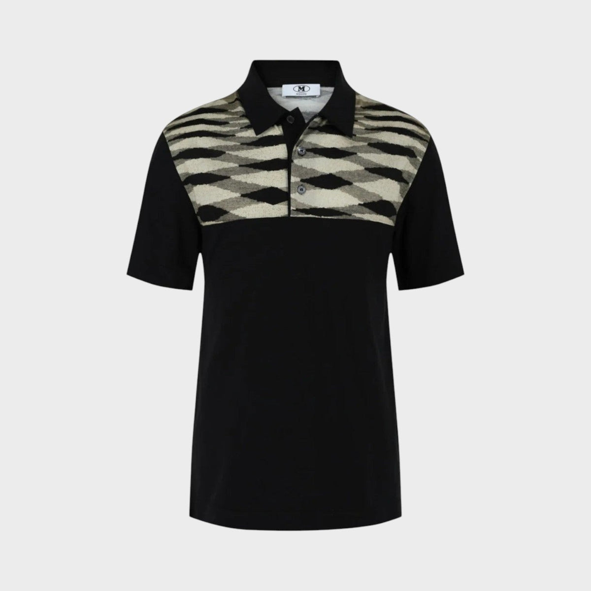 Black polo shirt with contrasting collar and geometric patterned yoke at chest