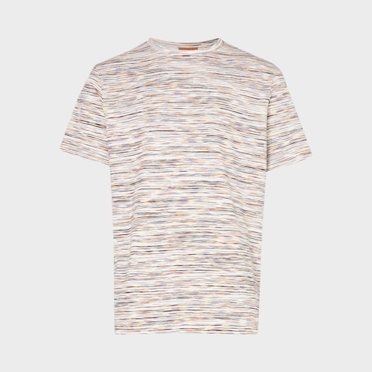 Space-dyed short-sleeve T-shirt, crew neck, multicolor knit stripes