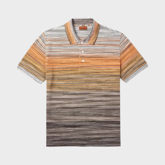 Space-dyed cotton piqué polo shirt with multicolor horizontal stripes and short sleeves