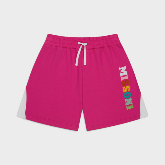 Pink kids jogger shorts with white drawstring and side logo print