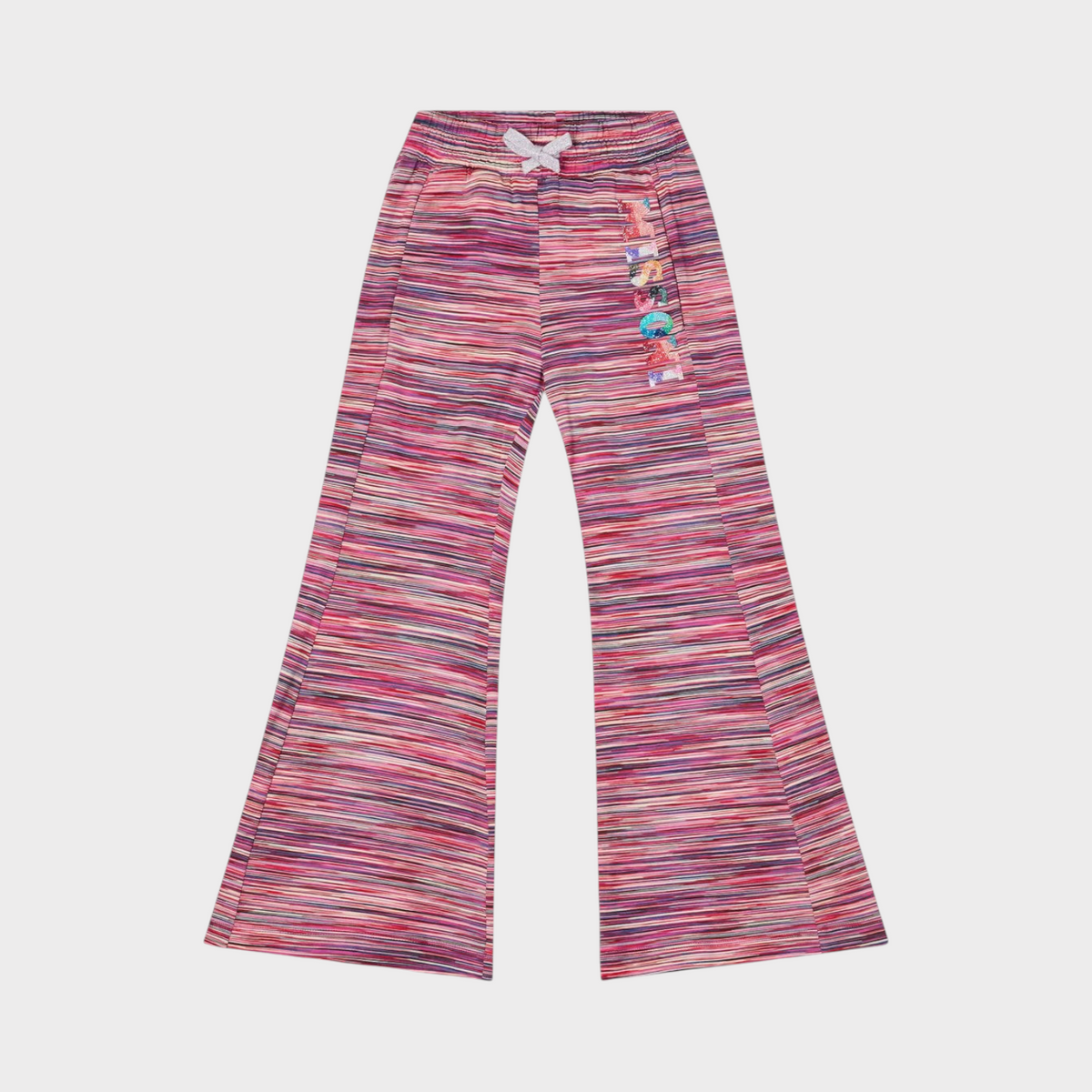 Kids pink heather fleece joggers, striped wide leg with logo patch at thigh