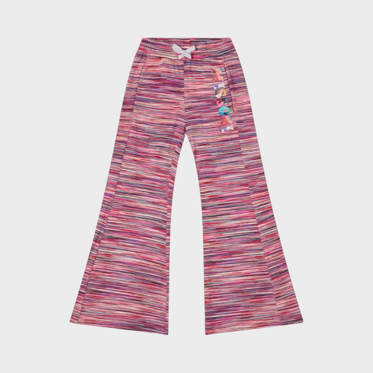Kids pink heather fleece joggers, striped wide leg with logo patch at thigh