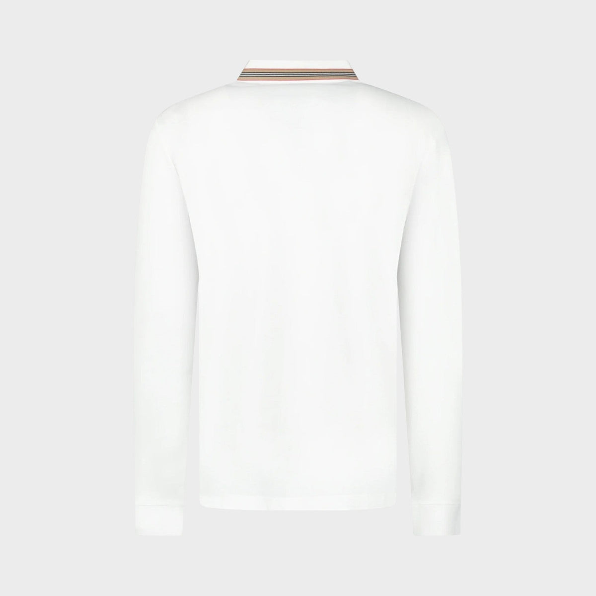 White long-sleeve polo shirt, back view with ribbed collar stripe detail.