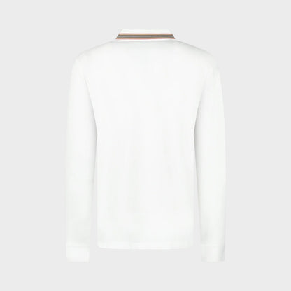White long-sleeve polo shirt, back view with ribbed collar stripe detail.