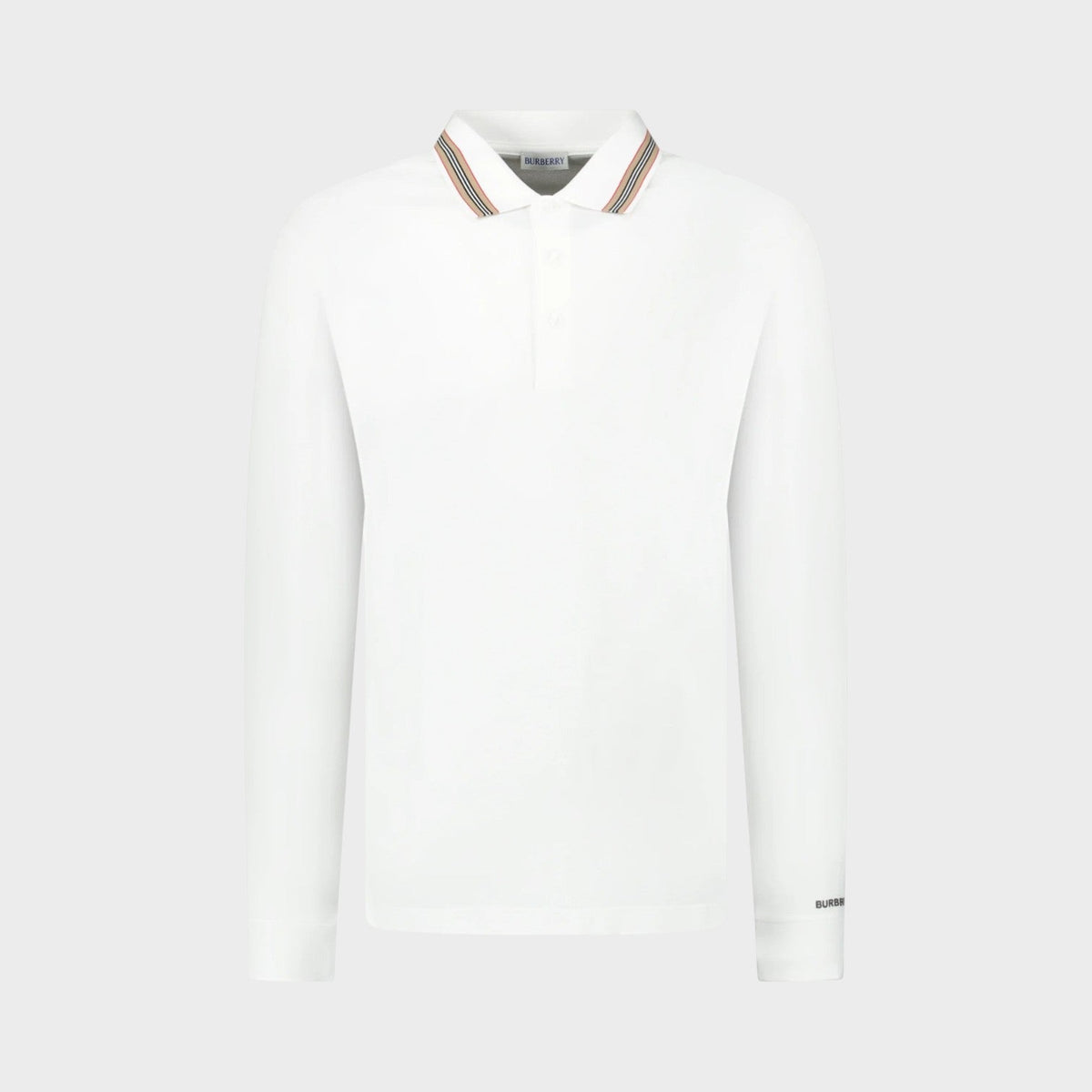 White long-sleeve polo shirt with button placket and striped ribbed collar.