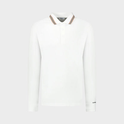 White long-sleeve polo shirt with button placket and striped ribbed collar.