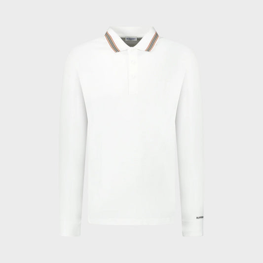 White long-sleeve polo shirt with button placket and striped ribbed collar.