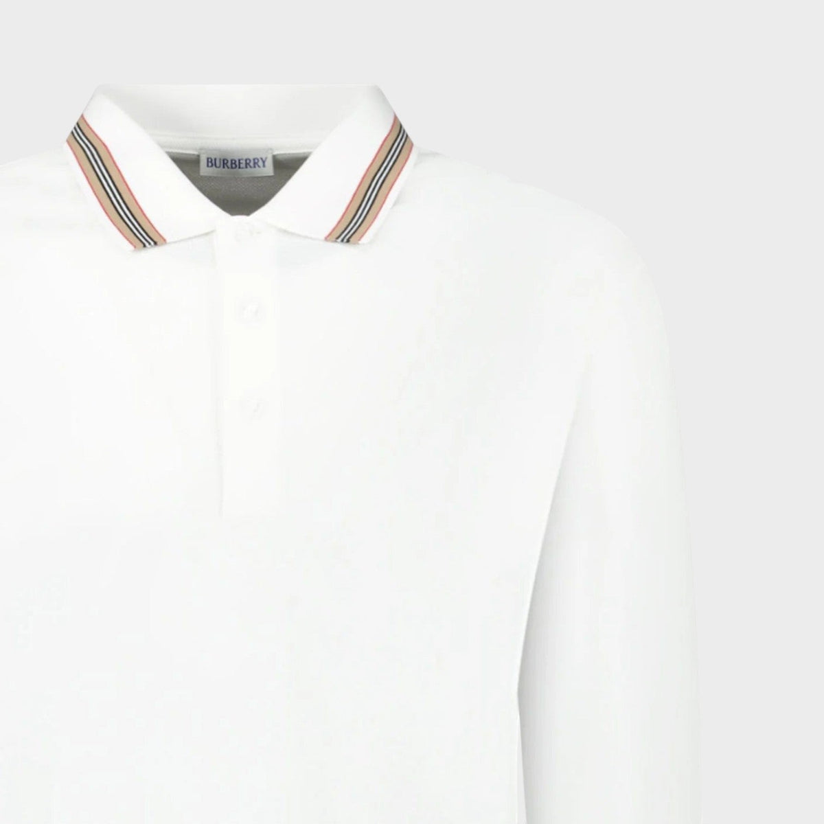 White long-sleeve polo collar with button and Burberry logo; multicolor striped trim.