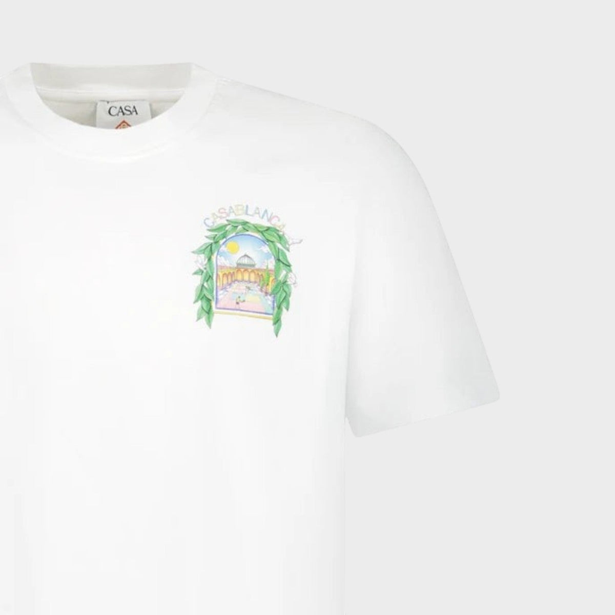 White short-sleeve T-shirt with chest graphic print detail and crew neck