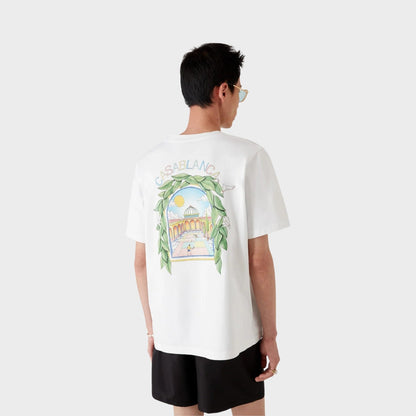 White short-sleeve T-shirt with large back graphic print, worn on model