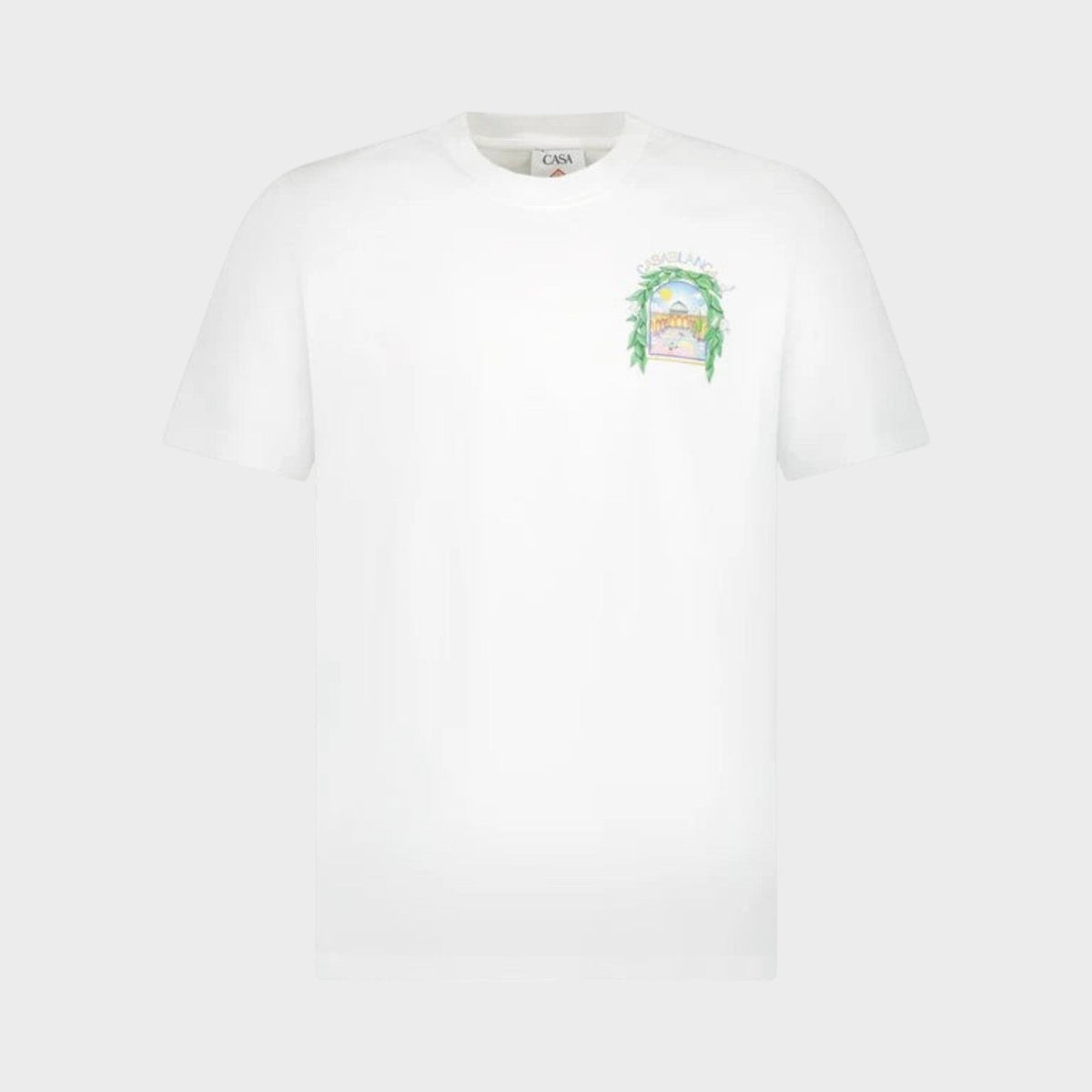 White short-sleeve T-shirt with small chest graphic print