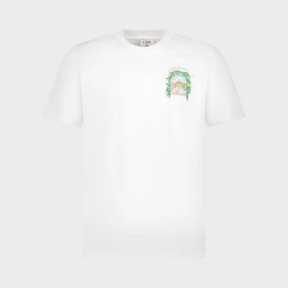 White short-sleeve T-shirt with small chest graphic print