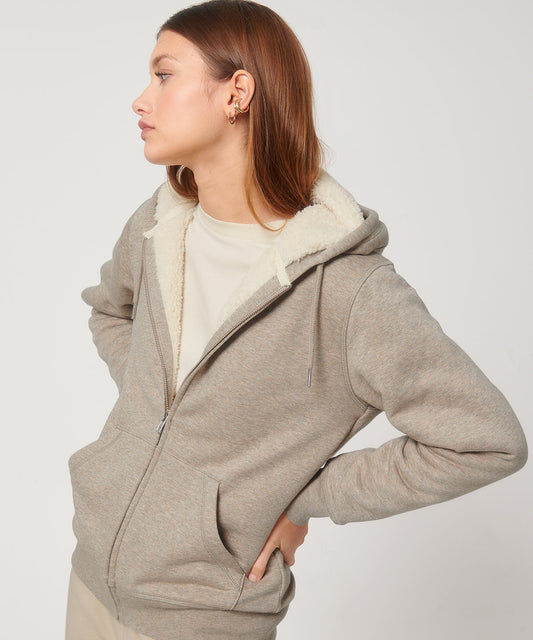 Organic sherpa zip hoodie sweatshirt, heather grey with fleece-lined hood and zipper