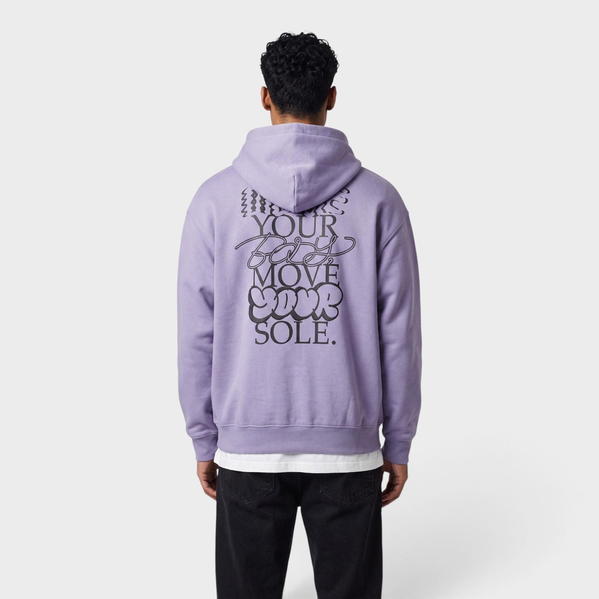 Purple pullover hoodie with large back typography graphic, drawstring hood, kangaroo pocket