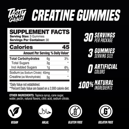 TASTY GAINS Creatine Gummies – 90g, 1g Monohydrate per Gummy, Made in USA