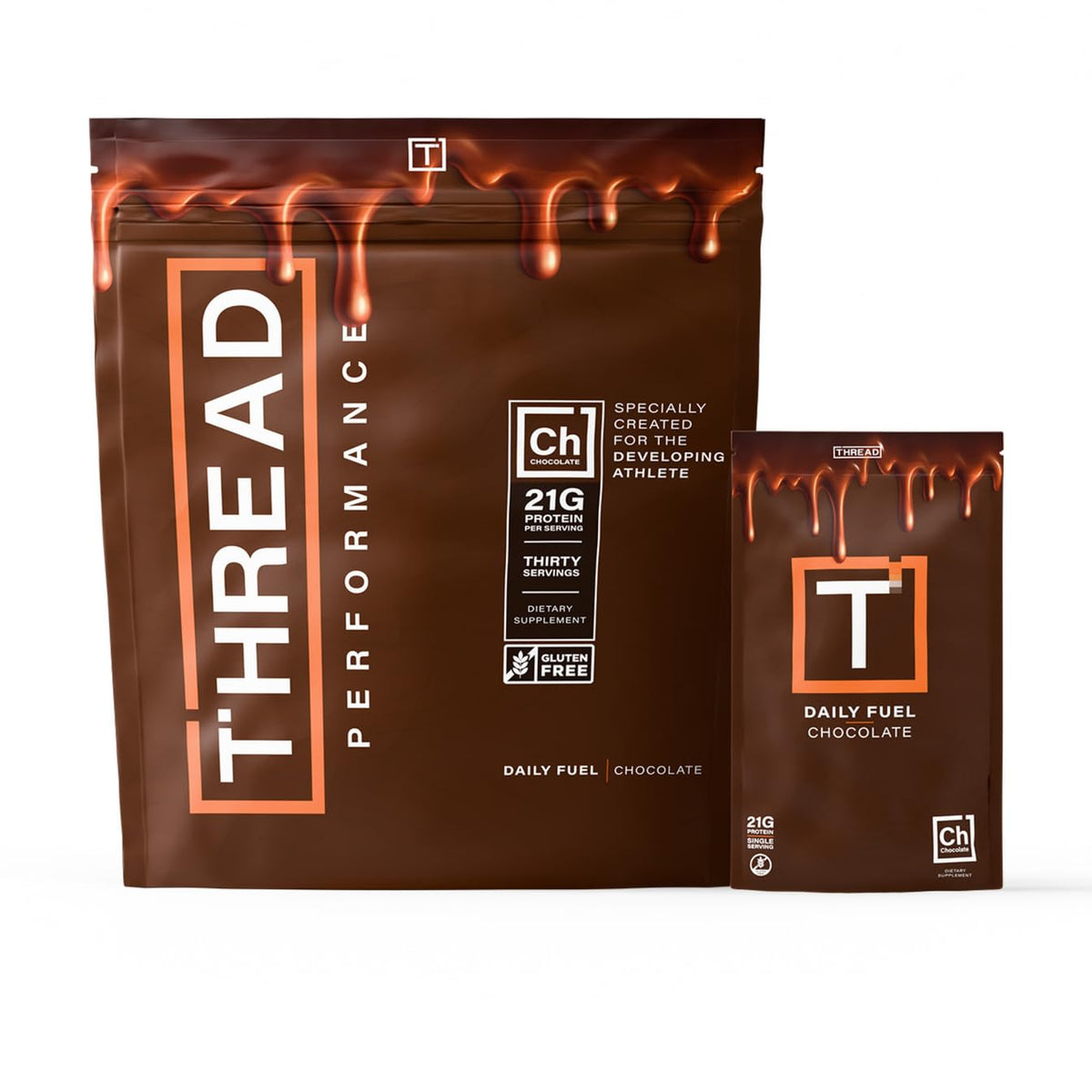 Chocolate Brownie protein powder pouch, dark brown bag with orange drip graphics and label.