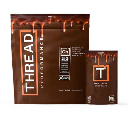 Chocolate Brownie protein powder pouch, dark brown bag with orange drip graphics and label.