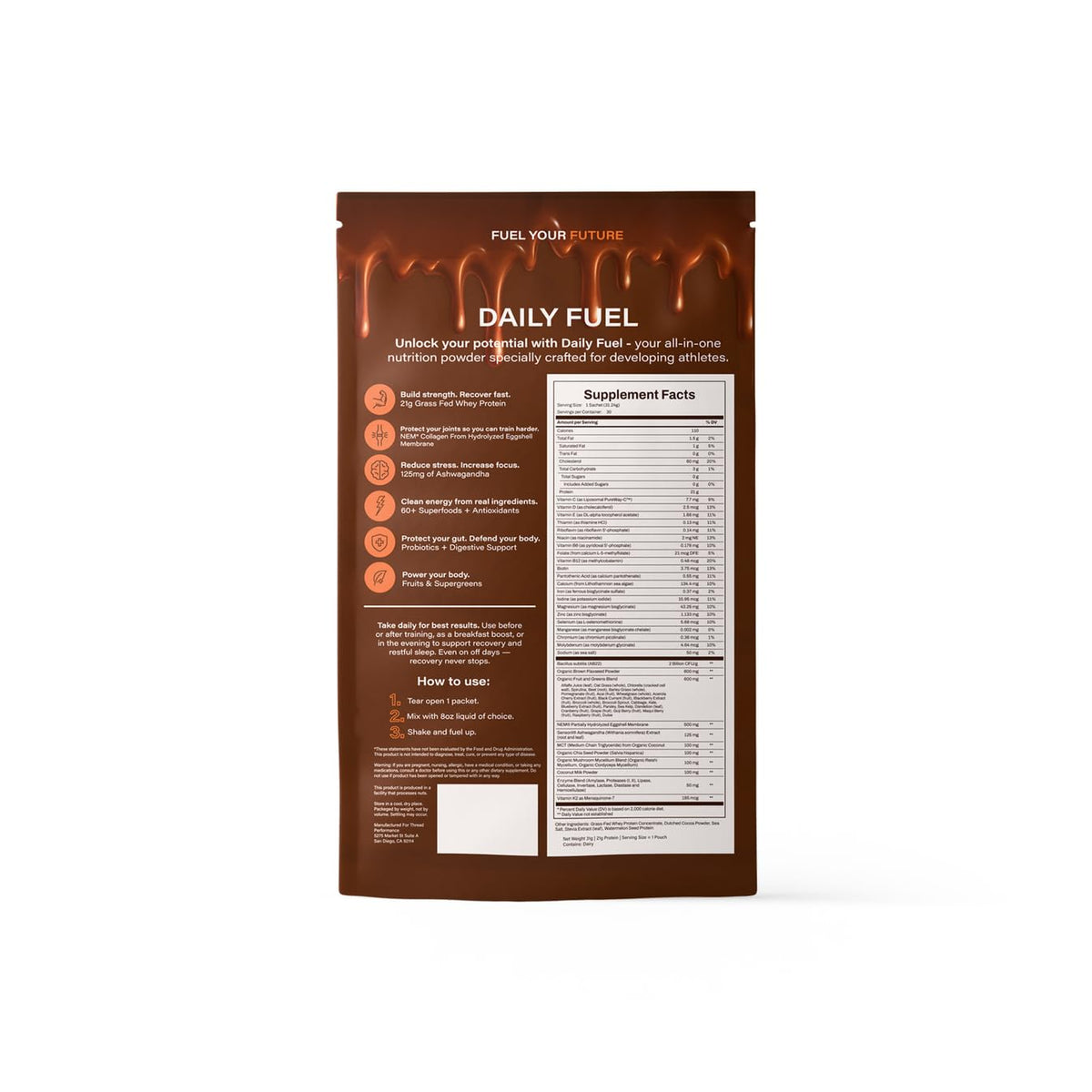 Daily Fuel protein powder pouch back view, dark brown bag with supplement facts panel.
