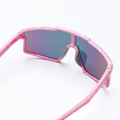 Youth polarized sunglasses, pink frame, angled view with dark gray mirrored lenses