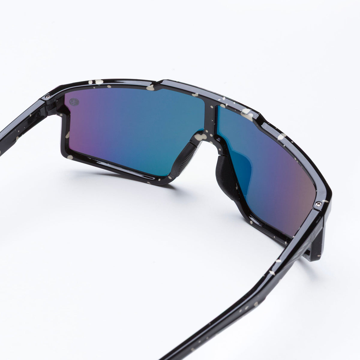 Youth polarized sunglasses, black frame, angled view with dark blue mirrored lenses