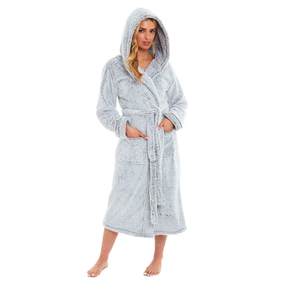 Light grey hooded fleece robe with wrap V-neck, tie belt, and front pockets