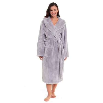 Women's fleece hooded robe in light grey, wrap belt with front patch pockets