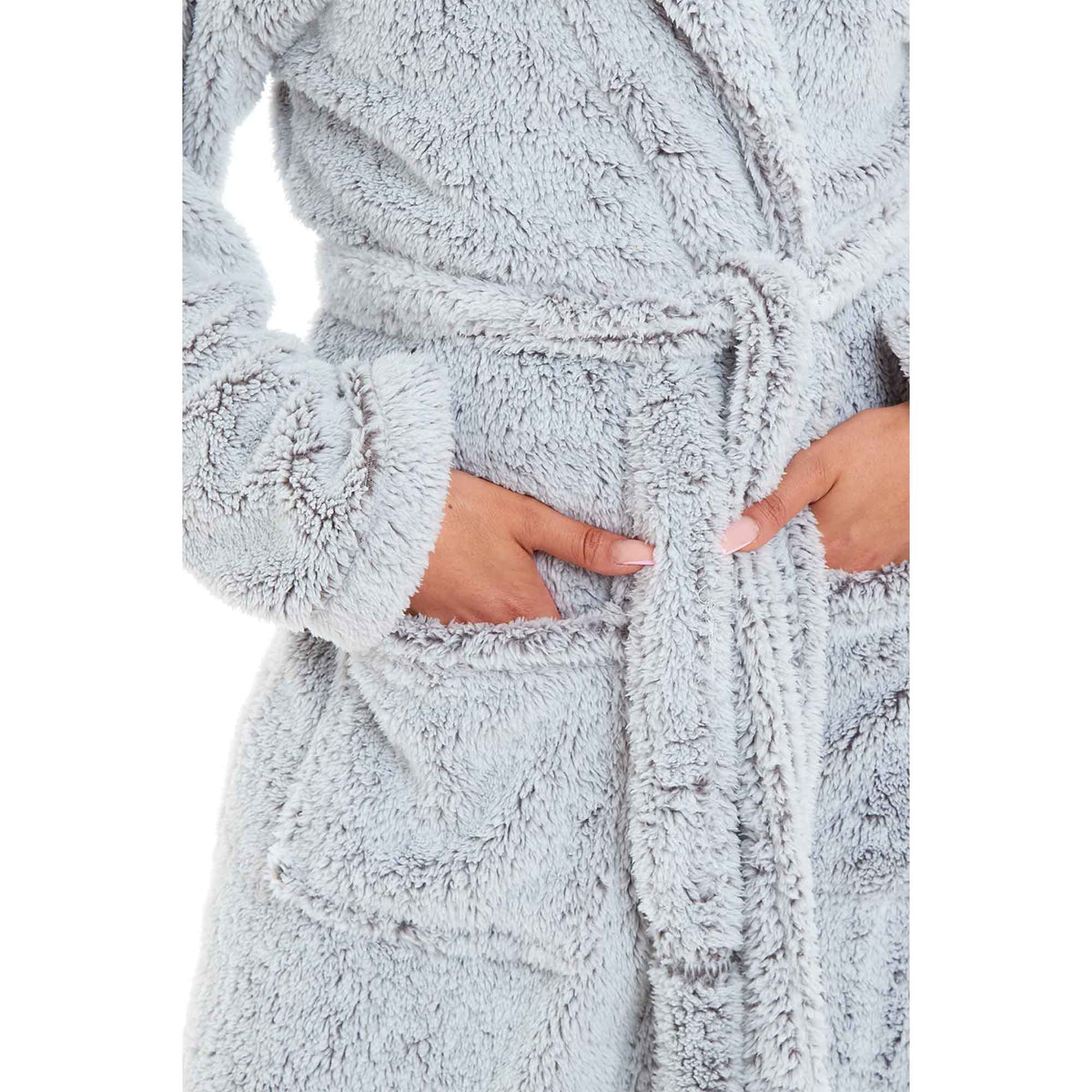 Light grey hooded fleece robe close-up of tie waist and patch pockets