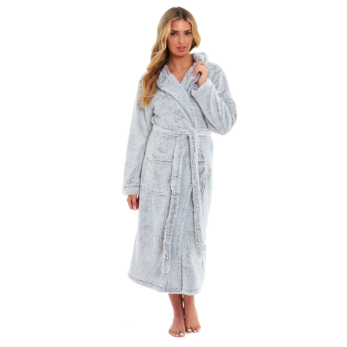 Light grey hooded fleece robe with long sleeves, tie belt, and patch pockets