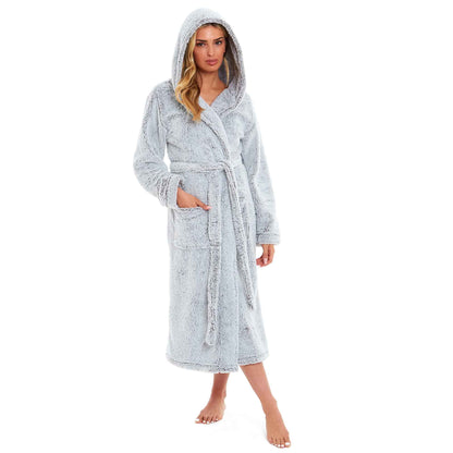 Light grey hooded fleece robe with wrap front, tie belt, and patch pockets
