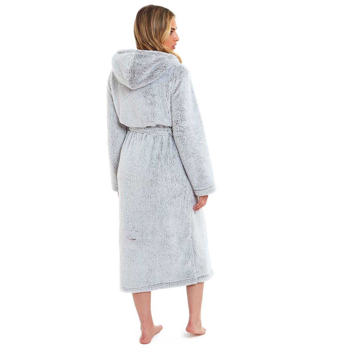 Light grey hooded fleece robe back view with gathered waist tie