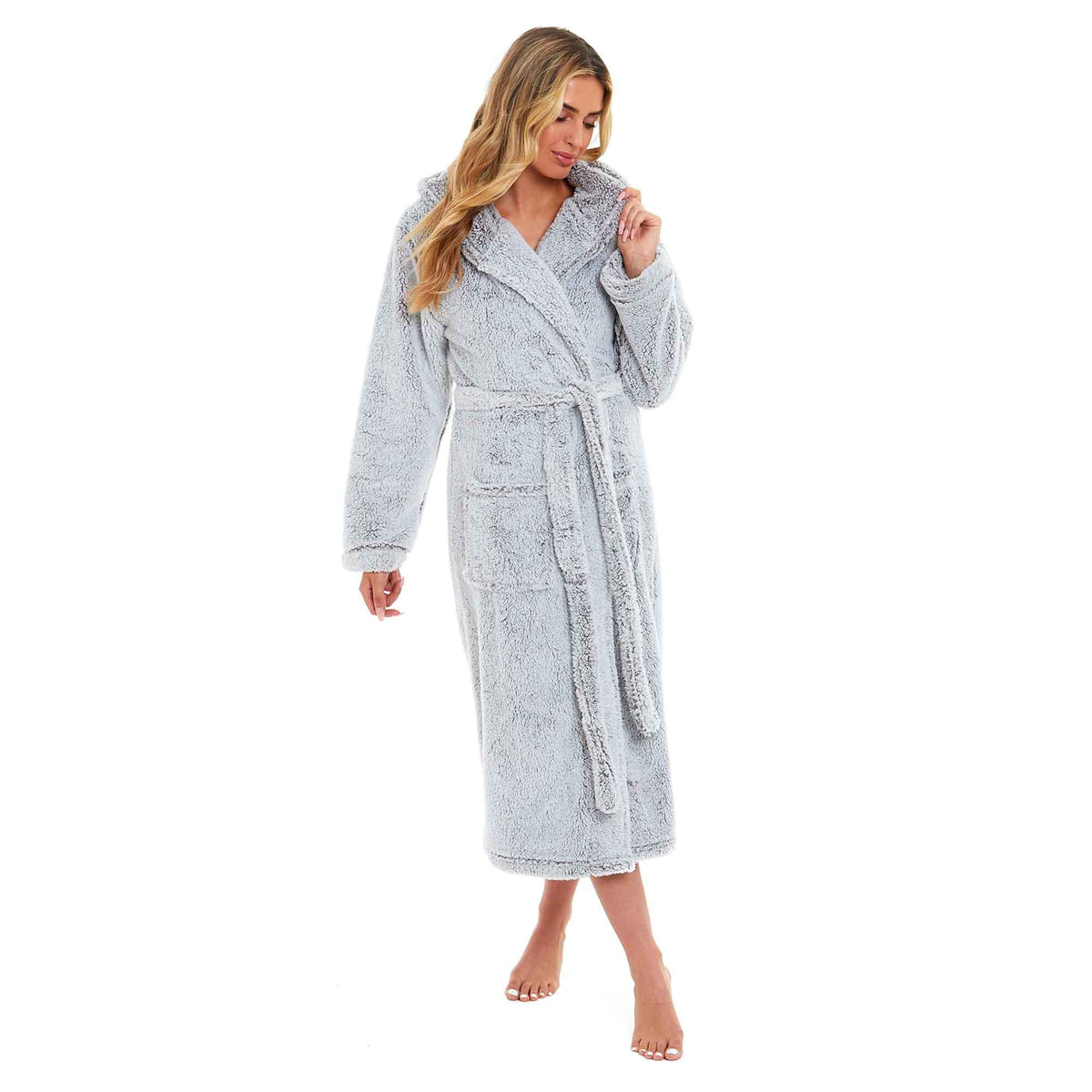 Light grey hooded fleece robe shown in three-quarter view with tie belt