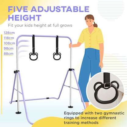HOMCOM Adjustable Height Foldable Kids Gymnastics Bar with Non-Slip Mats